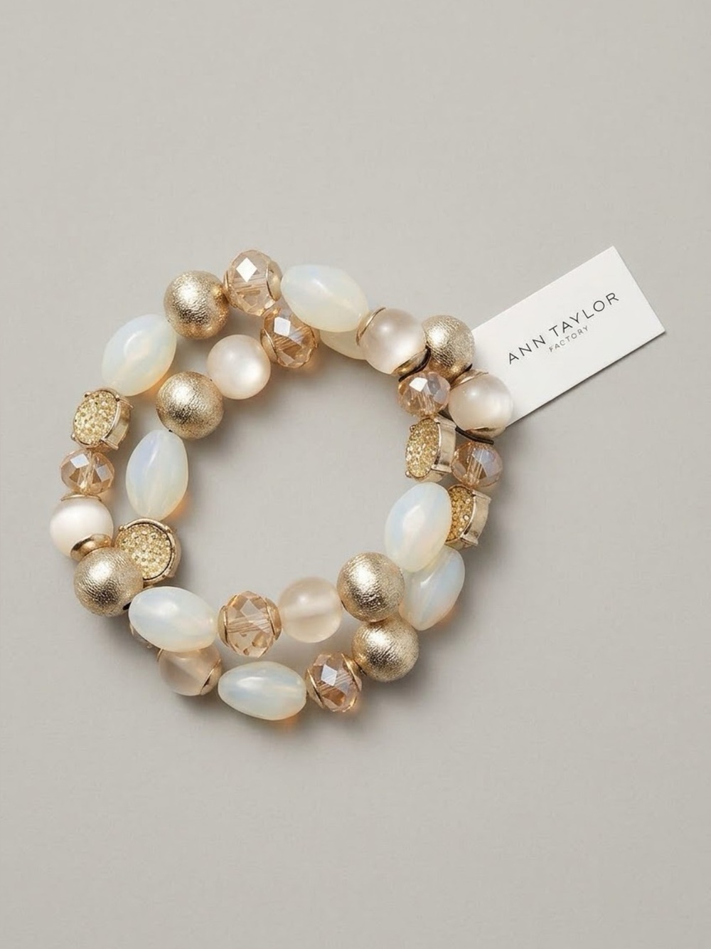 Ann Taylor Beaded Stretch Bracelet Stack Set Gold Cream Champagne NWT